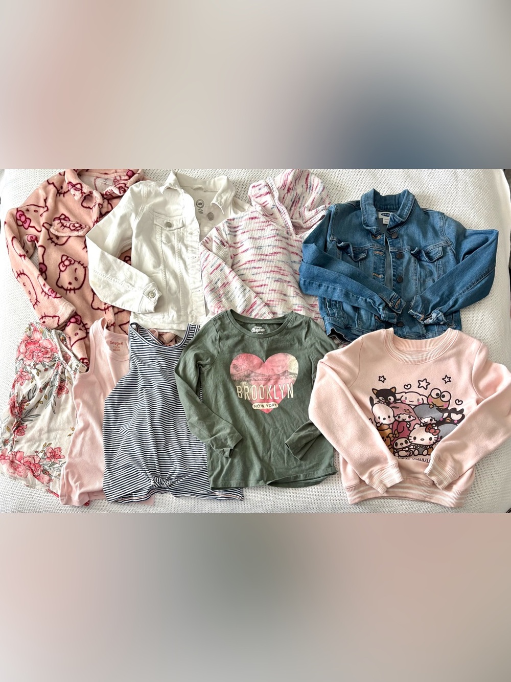 Back to school girl tops and jackets, muted pinks, Sanrio, old Navy, Oshkosh